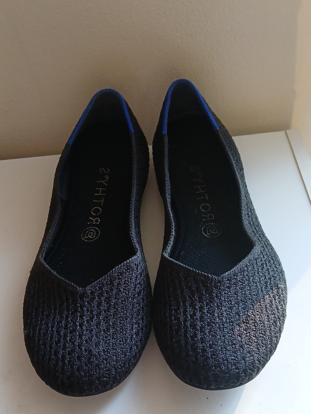 Rothy's Black Knit Flats with Blue Trim